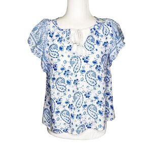 Lucky Brand Blue White Paisley Tie Neck Short Ruffe Sleeve Viscose Blouse